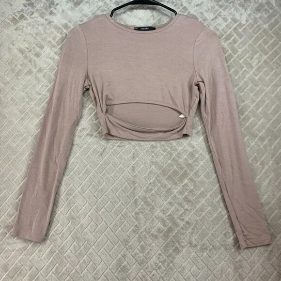 Forever 21 Tops - Forever 21 Womens Small T Shirt Beige Long Sleeve Cropped Keyhole Open Front
